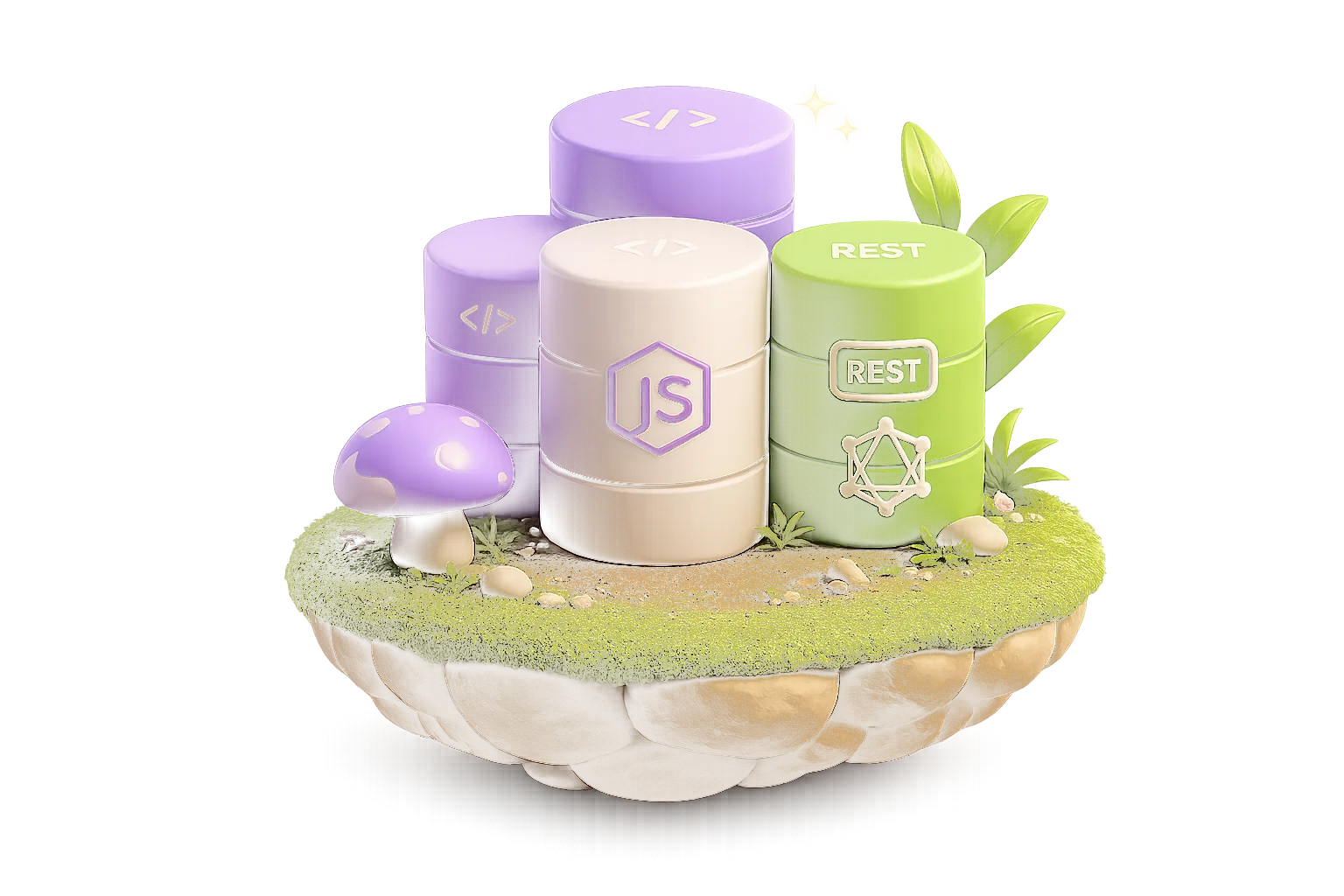 Floating island with stacked Node.js, GraphQL, and REST cylinders