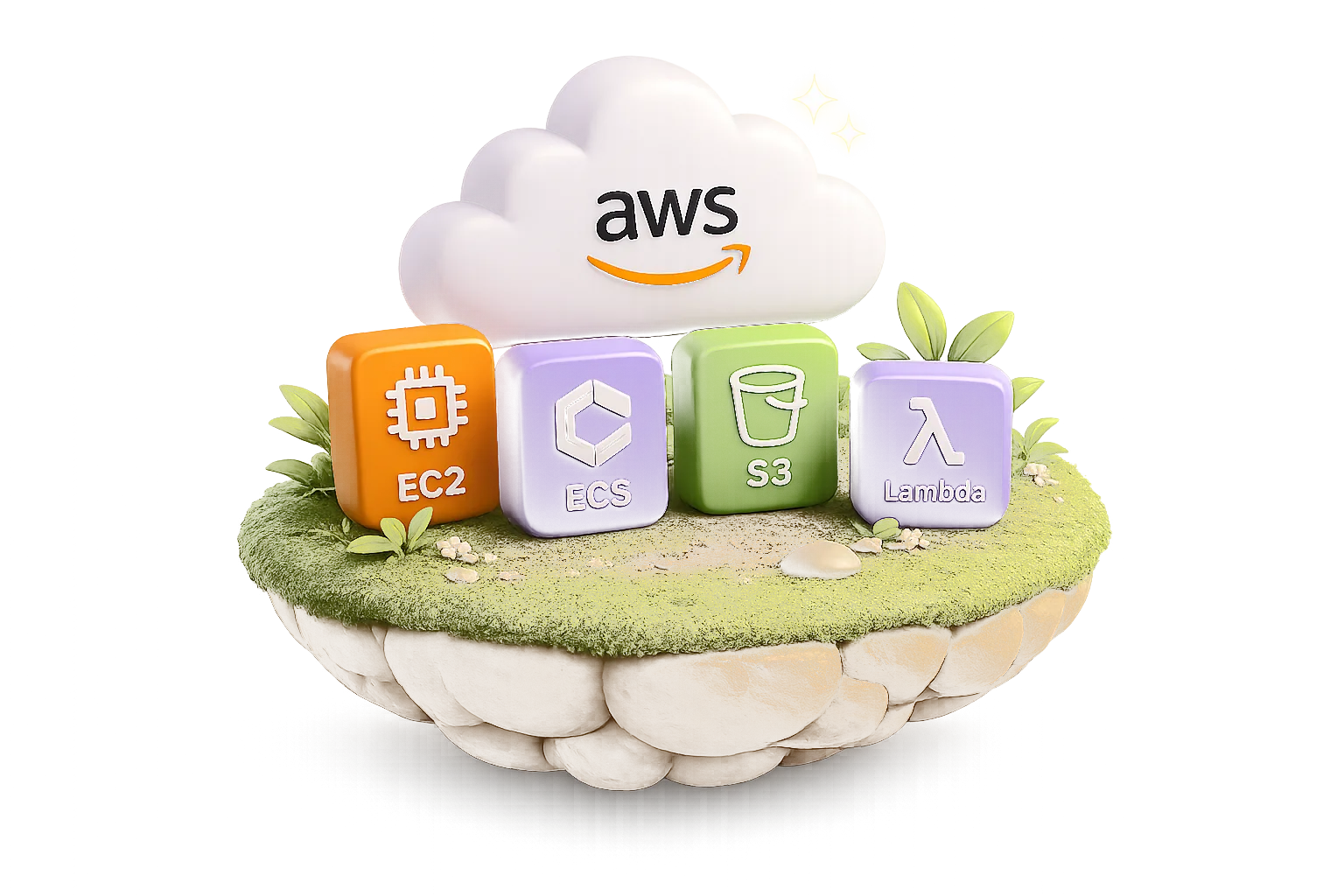 Floating island with AWS cloud and EC2, ECS, S3, Lambda services