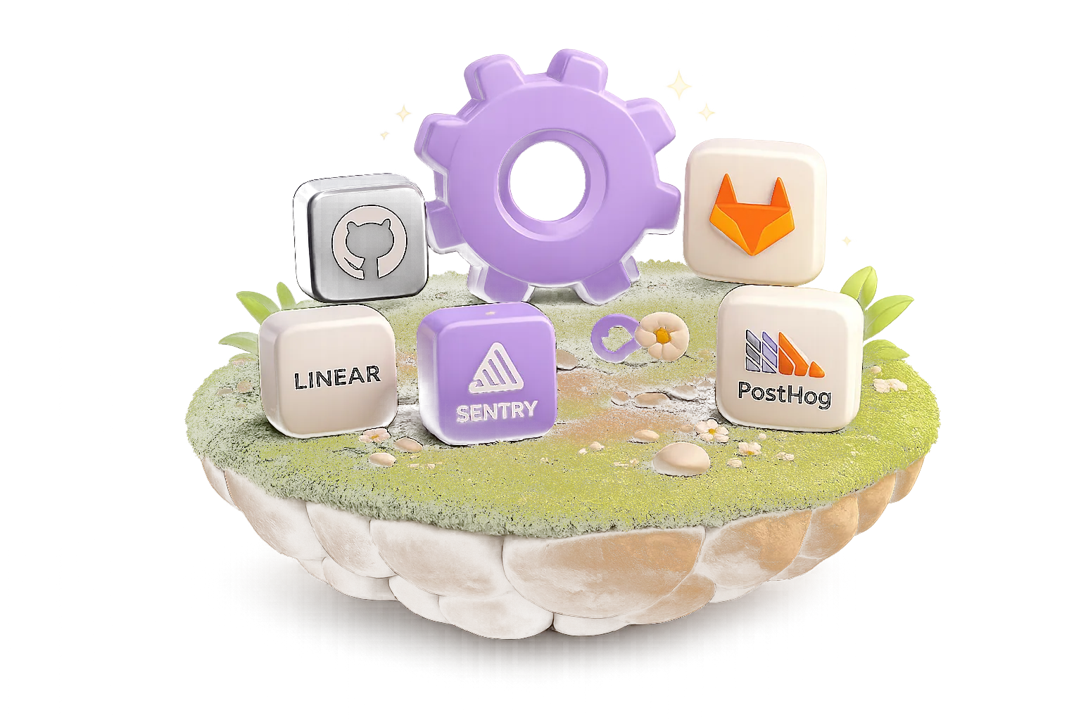 Floating island with GitHub, Sentry, PostHog, Linear and a central gear