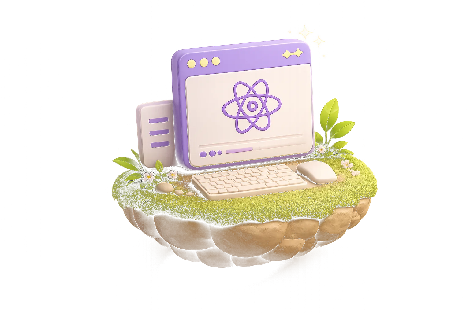 Floating island with a 3D React-themed monitor and keyboard